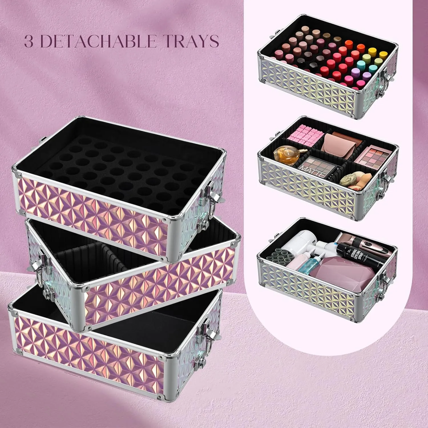 5 in 1 Rolling Makeup Case, Cosmetology Case on Wheels Travel Make up Train Case Nail Cart Makeup Organizer Cosmetic Storage Box Cases Extra Large Trolley Truck with 360° Swivel Wheels, Pink