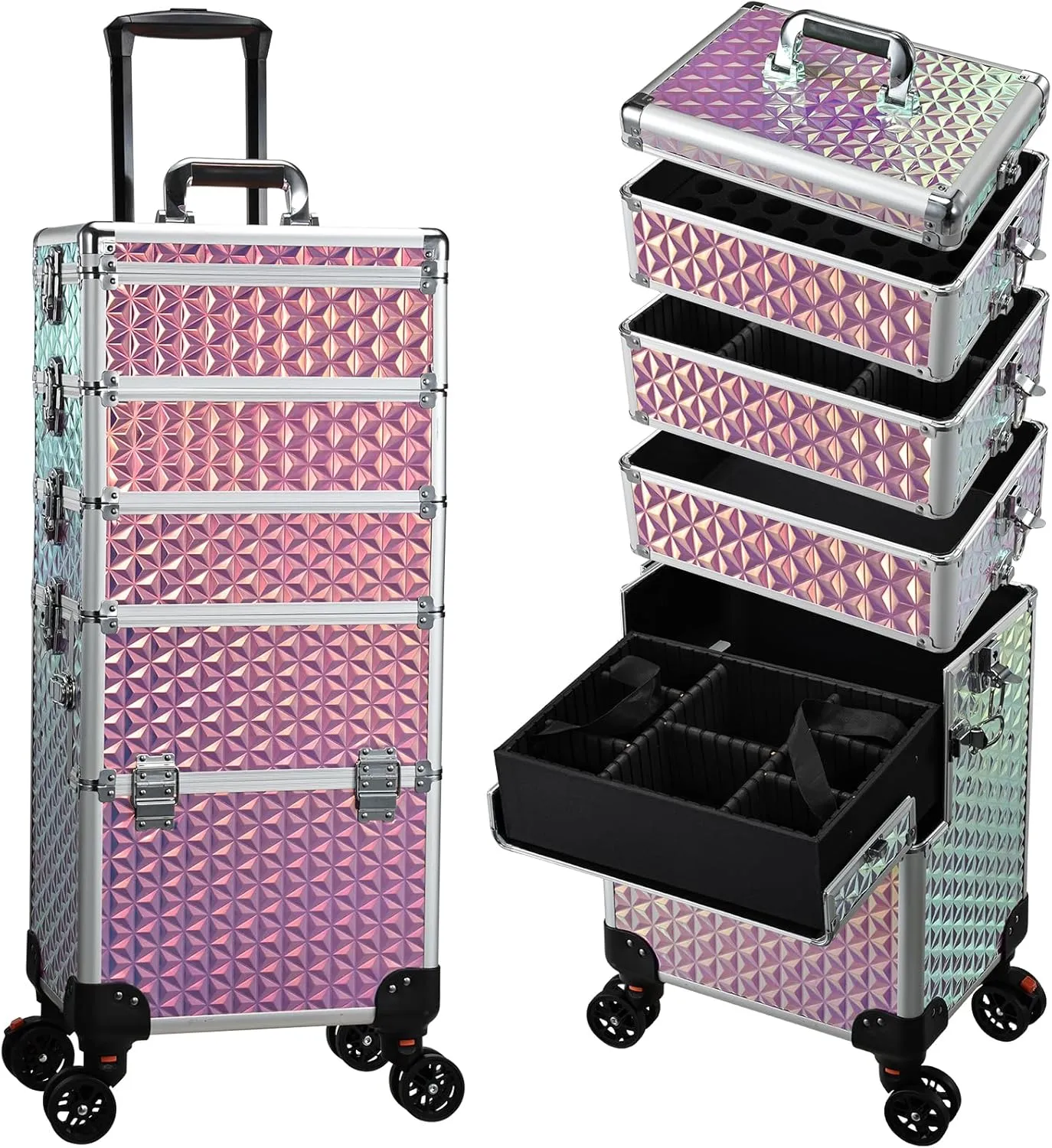5 in 1 Rolling Makeup Case, Cosmetology Case on Wheels Travel Make up Train Case Nail Cart Makeup Organizer Cosmetic Storage Box Cases Extra Large Trolley Truck with 360° Swivel Wheels, Pink