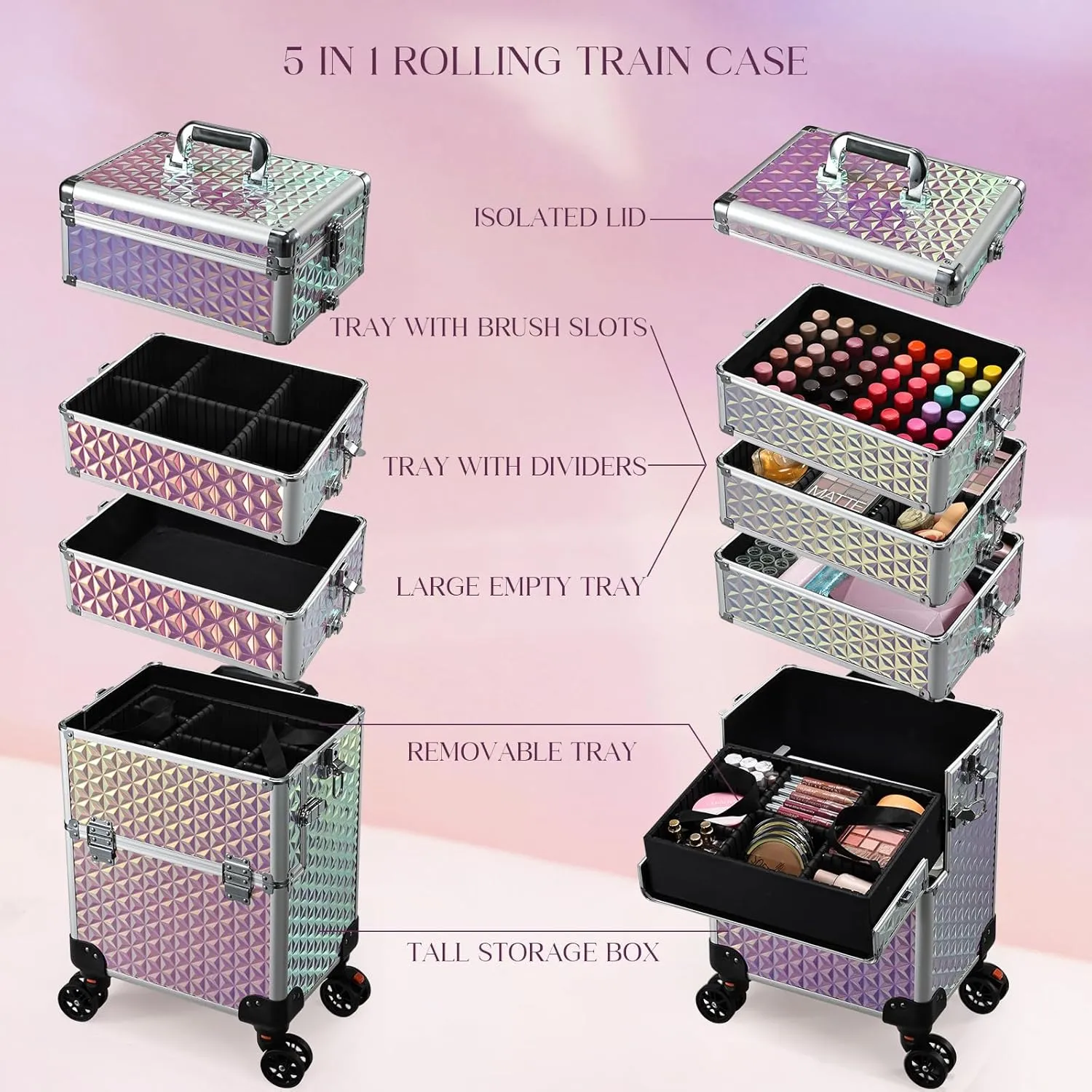 5 in 1 Rolling Makeup Case, Cosmetology Case on Wheels Travel Make up Train Case Nail Cart Makeup Organizer Cosmetic Storage Box Cases Extra Large Trolley Truck with 360° Swivel Wheels, Pink