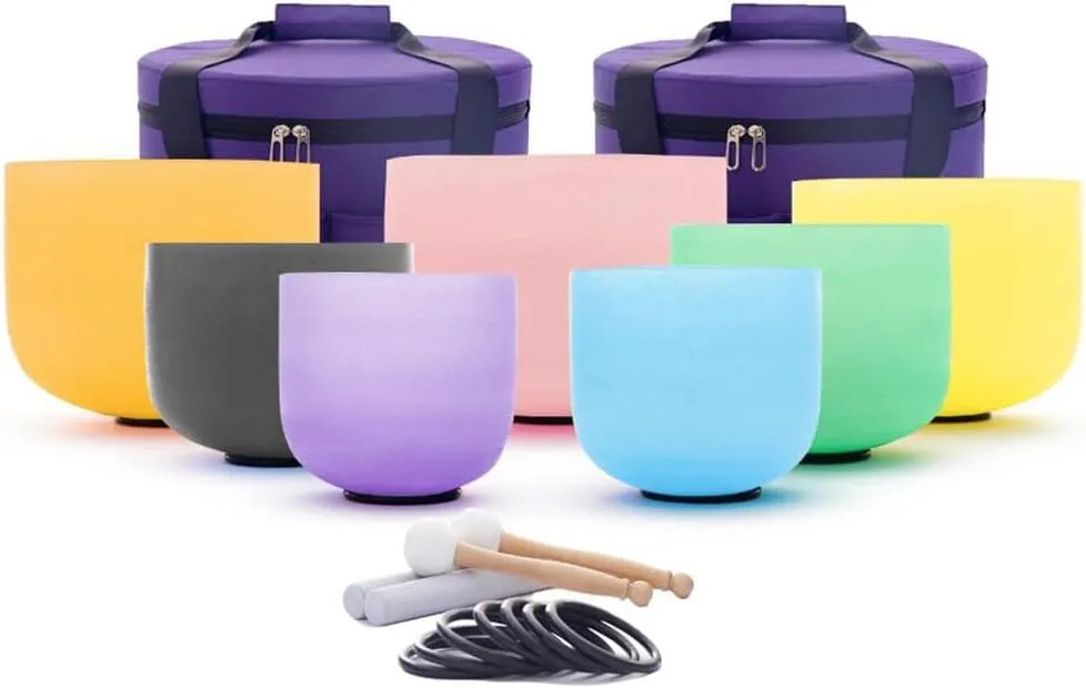 7-12 inch 432HZ Candy Color Crystal Singing Bowls Chakra Set of 7 Meditation Bowl Frosted Healing Quartz Sound Singing Bowls with 2 Travel Carry Case Bag 2 Mallet Suede 2 Strikers 7 O-rings