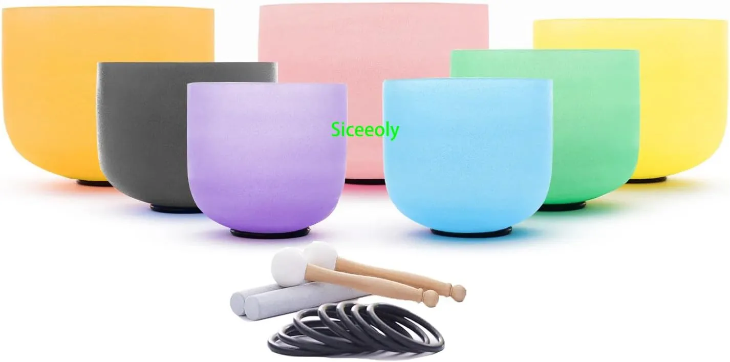 7-12 inch 432HZ Candy Color Crystal Singing Bowls Chakra Set of 7 Meditation Bowl Frosted Healing Quartz Sound Singing Bowls with 2 Travel Carry Case Bag 2 Mallet Suede 2 Strikers 7 O-rings