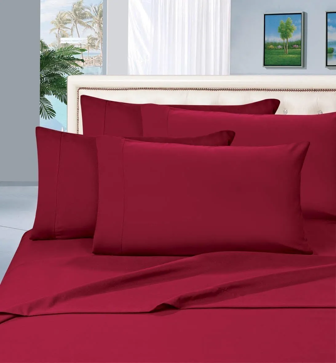 800 Thread Count Solid Pattern 10-12 Inches Deep Pocket 100% Cotton 4 Piece Sheet Set Queen Size Burgundy Color