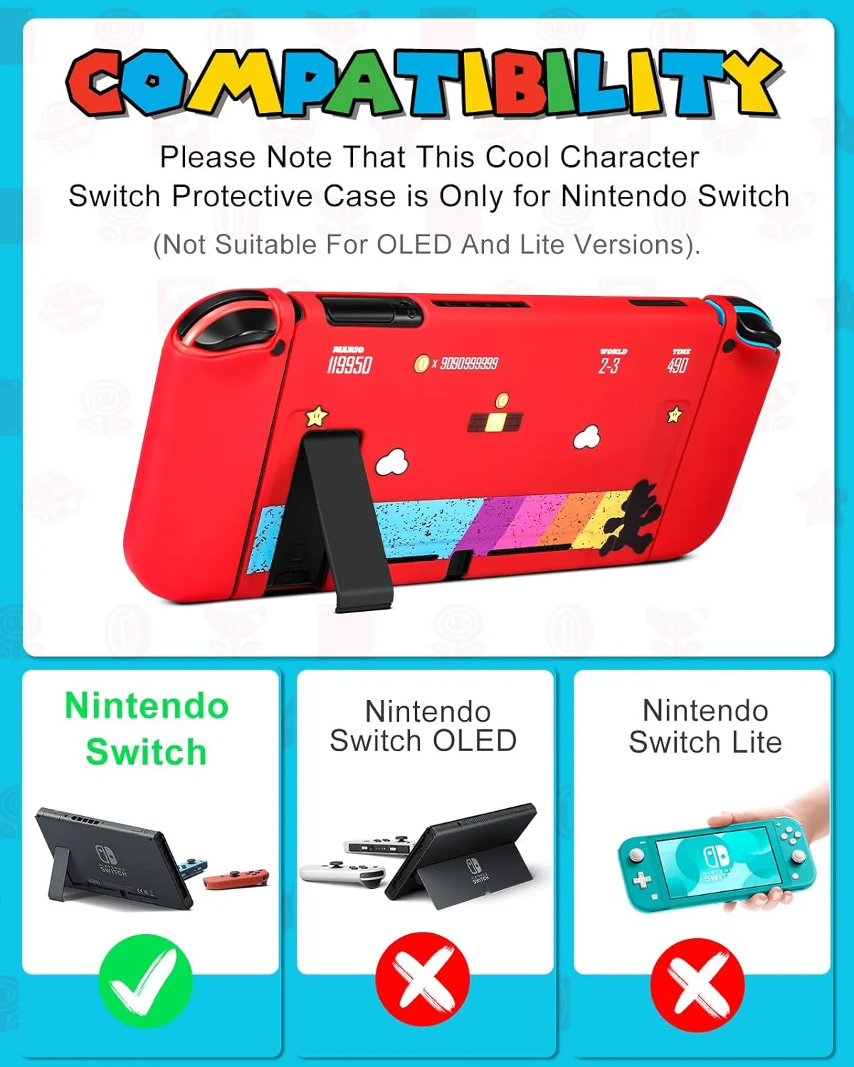 8in1 Maro Switch Case for Nintendo Switch Carrying Cases & Storage Accessories Bundle Kit, Thumb Grips Button Caps Game Card Holder Dockable Cover Skin Sticker for Switch Travel Pouch Bag