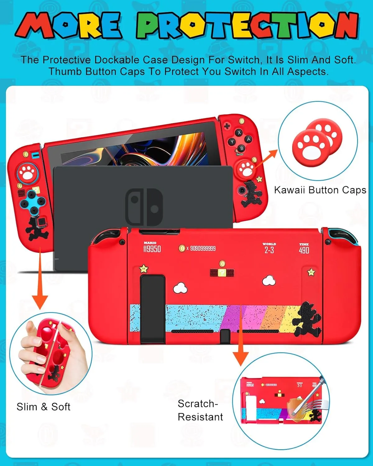 8in1 Maro Switch Case for Nintendo Switch Carrying Cases & Storage Accessories Bundle Kit, Thumb Grips Button Caps Game Card Holder Dockable Cover Skin Sticker for Switch Travel Pouch Bag