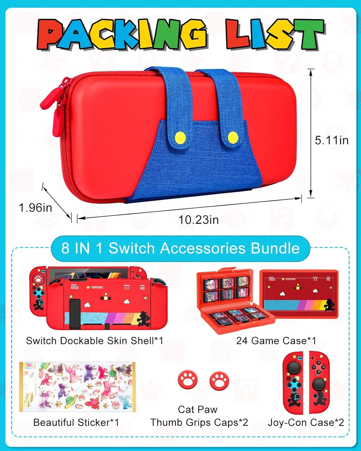 8in1 Maro Switch Case for Nintendo Switch Carrying Cases & Storage Accessories Bundle Kit, Thumb Grips Button Caps Game Card Holder Dockable Cover Skin Sticker for Switch Travel Pouch Bag