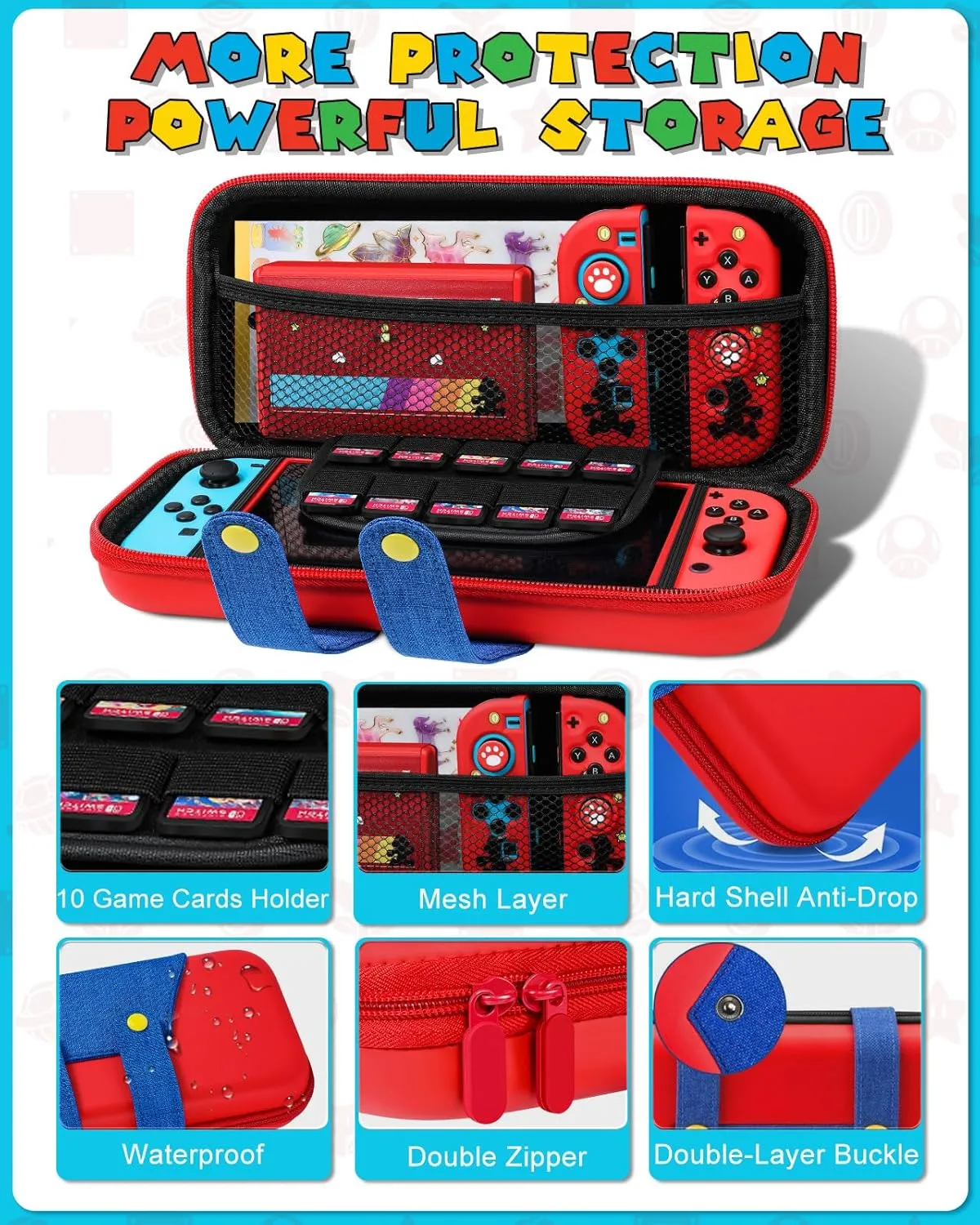 8in1 Maro Switch Case for Nintendo Switch Carrying Cases & Storage Accessories Bundle Kit, Thumb Grips Button Caps Game Card Holder Dockable Cover Skin Sticker for Switch Travel Pouch Bag