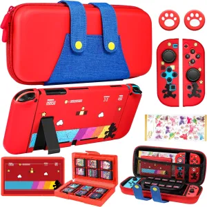 8in1 Maro Switch Case for Nintendo Switch Carrying Cases & Storage Accessories Bundle Kit, Thumb Grips Button Caps Game Card Holder Dockable Cover Skin Sticker for Switch Travel Pouch Bag