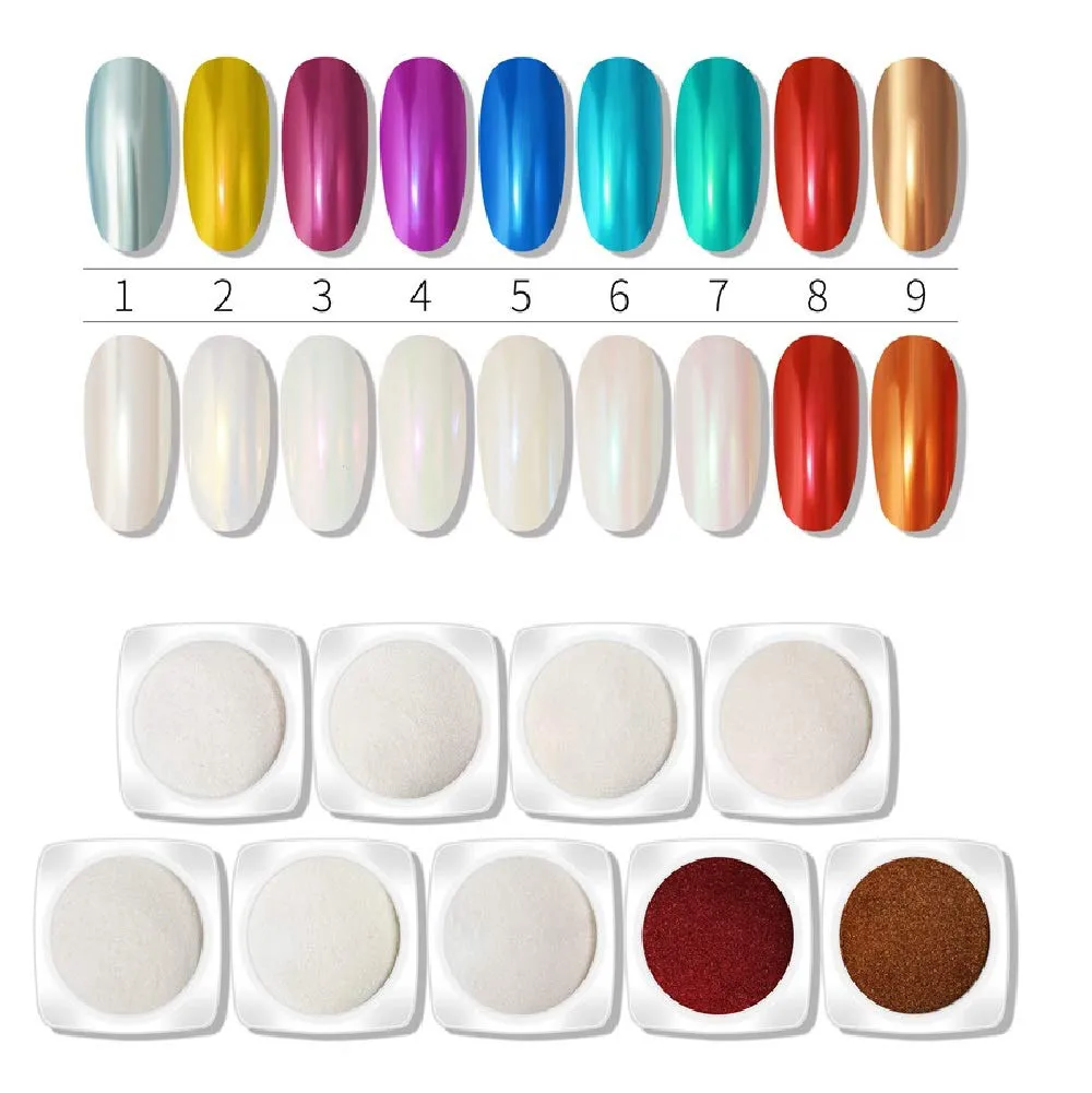 9 Pack Mirror Glitter Nail Pigment Powder Mix Gold Red White Nail Art Accessories Solvent Resistant Neon