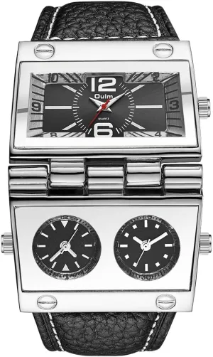 9525 Mens Watch Analog Black Leather Strap 3 Sub-dials