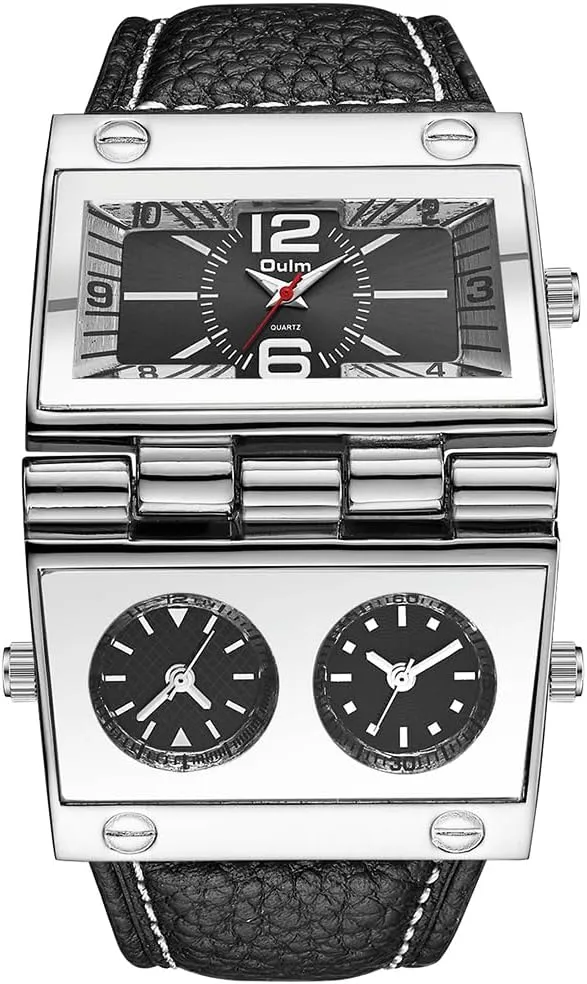 9525 Mens Watch Analog Black Leather Strap 3 Sub-dials