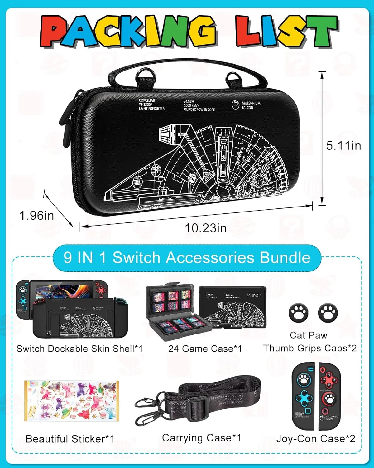 9in1 Cool Ship Switch Case for Nintendo Switch Carrying Cases & Storage Accessories Bundle Kit Thumb Grips Game Holder Dockable Skin Shoulder Strap Sticker for Switch Travel Pouch Bag