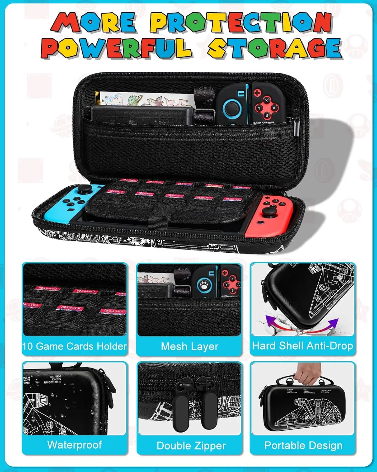 9in1 Cool Ship Switch Case for Nintendo Switch Carrying Cases & Storage Accessories Bundle Kit Thumb Grips Game Holder Dockable Skin Shoulder Strap Sticker for Switch Travel Pouch Bag