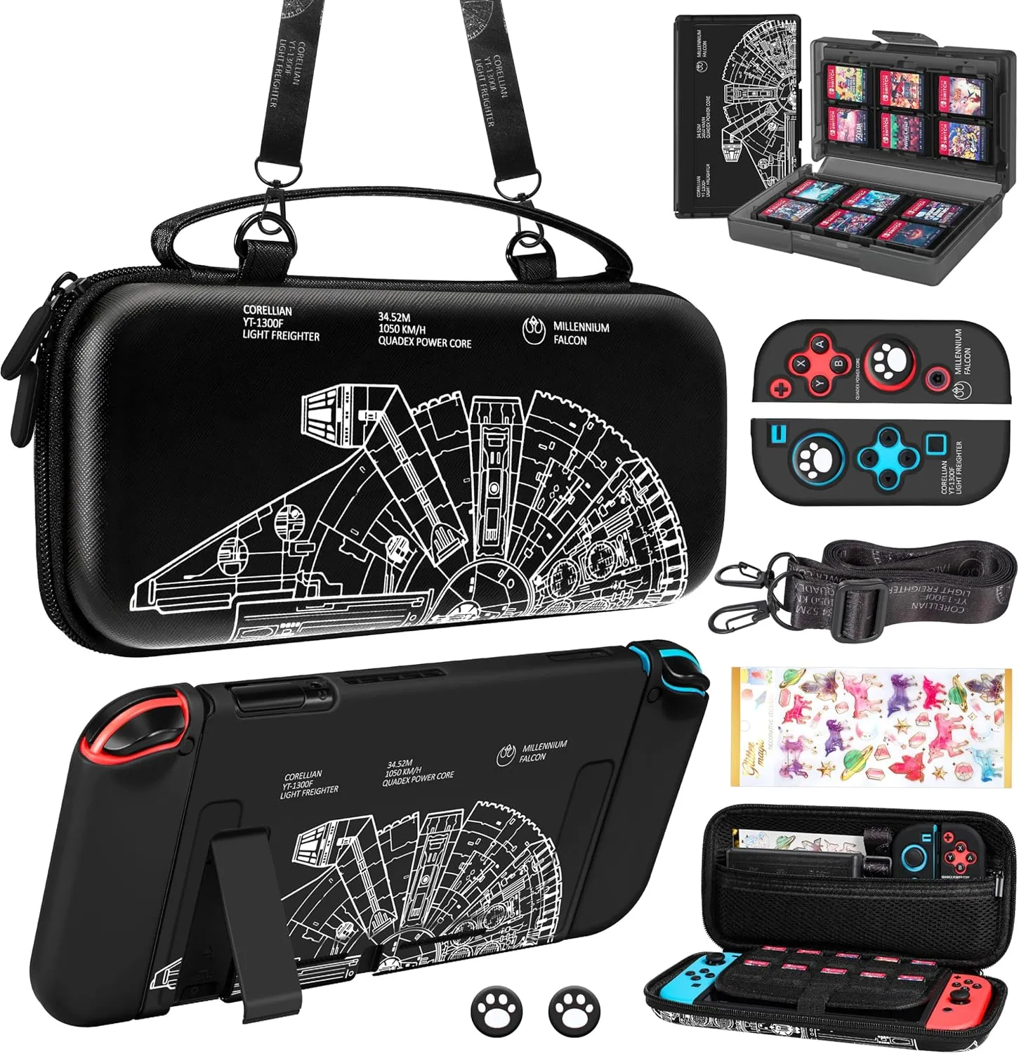 9in1 Cool Ship Switch Case for Nintendo Switch Carrying Cases & Storage Accessories Bundle Kit Thumb Grips Game Holder Dockable Skin Shoulder Strap Sticker for Switch Travel Pouch Bag