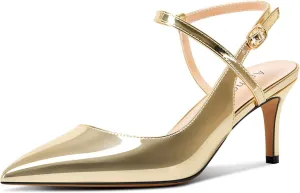 Aachcol Women Slingback Pumps Ankle Strap D'Orsay Stiletto Mid Heel Close Pointed Toe Dress Shoes 2.5 Inches