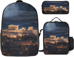 Acropolis of Athens Backpack Adjustable Shoulder Daypack Laptop Bag with Lunch Box and Pencil Case 3 in 1 Set