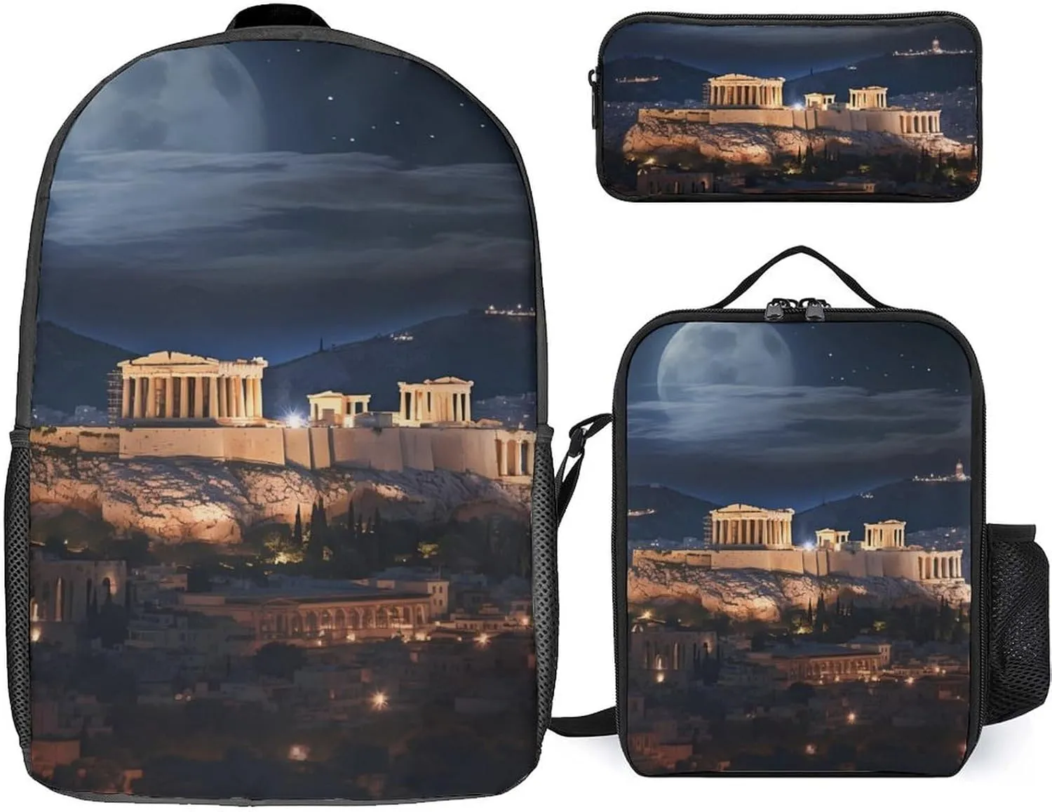 Acropolis of Athens Backpack Adjustable Shoulder Daypack Laptop Bag with Lunch Box and Pencil Case 3 in 1 Set