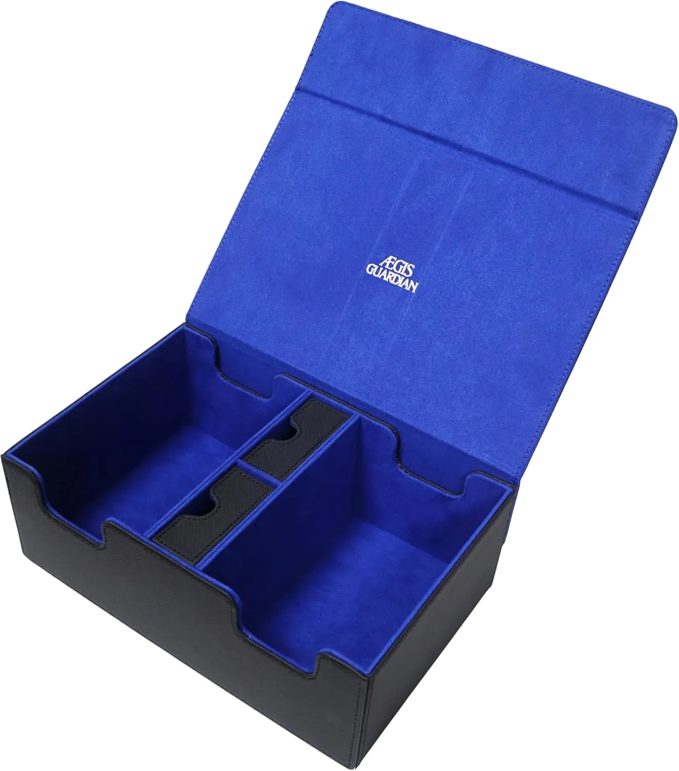 AEGIS GUARDIAN Commander Deck Box Hold 600  Sleeved Cards, Card Deck Box with 2 Dice Tray Fit for TCG MTG CCG, Holds up to 4 Card Storage Boxes, PU Leather Strong Magnet, Black and Blue