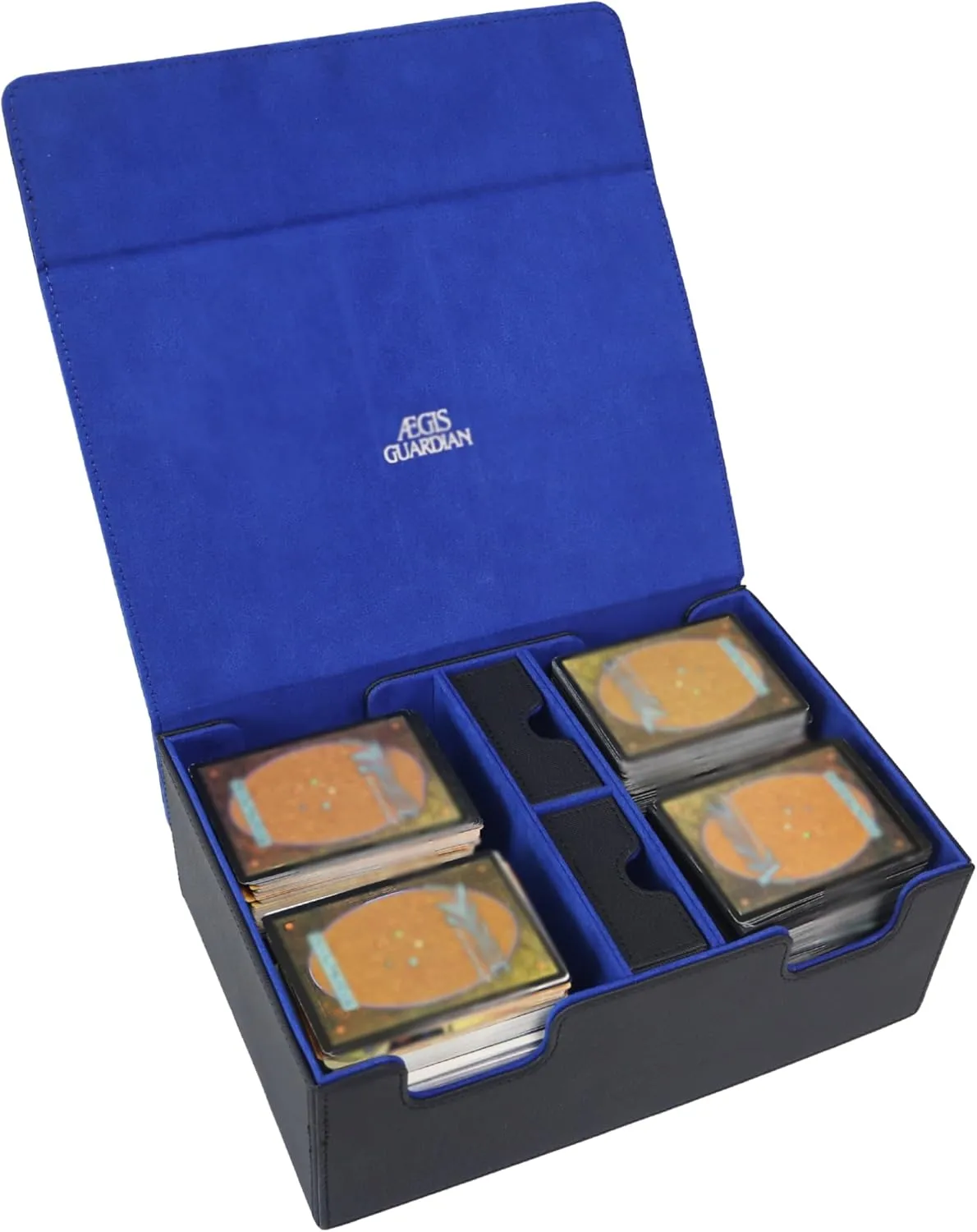 AEGIS GUARDIAN Commander Deck Box Hold 600  Sleeved Cards, Card Deck Box with 2 Dice Tray Fit for TCG MTG CCG, Holds up to 4 Card Storage Boxes, PU Leather Strong Magnet, Black and Blue