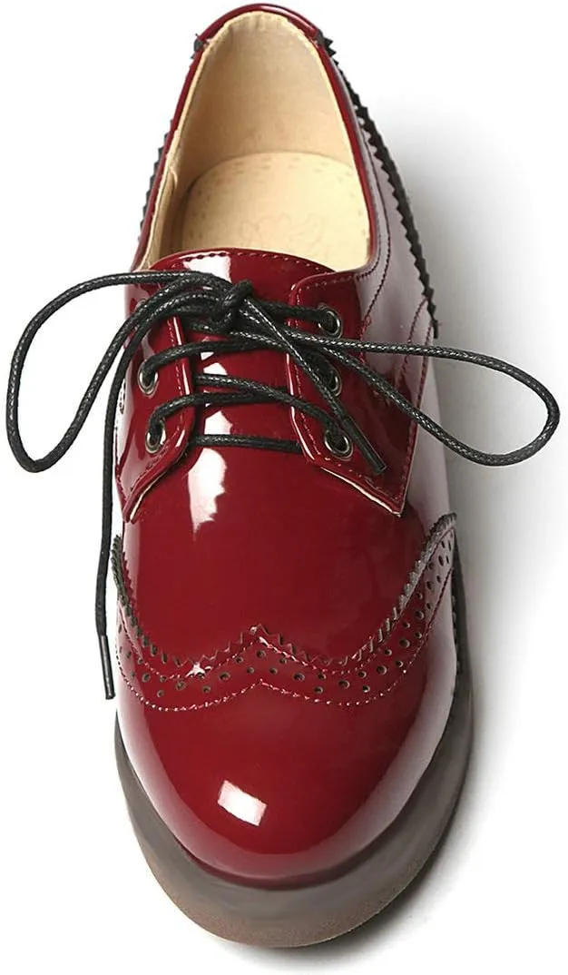 AIMODOR Womens Lace Up Flat Wingtip Oxford Patent Leather Chunky Low Heel Brogue Shoes