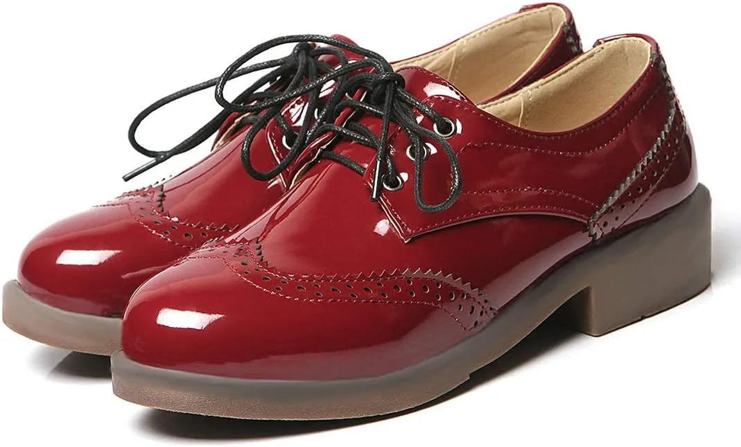 AIMODOR Womens Lace Up Flat Wingtip Oxford Patent Leather Chunky Low Heel Brogue Shoes