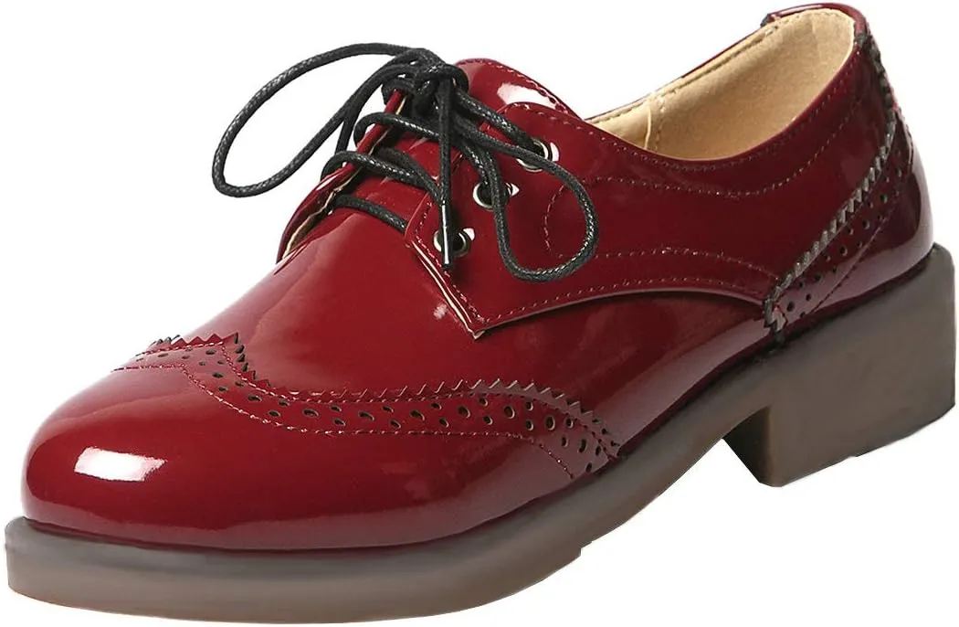 AIMODOR Womens Lace Up Flat Wingtip Oxford Patent Leather Chunky Low Heel Brogue Shoes