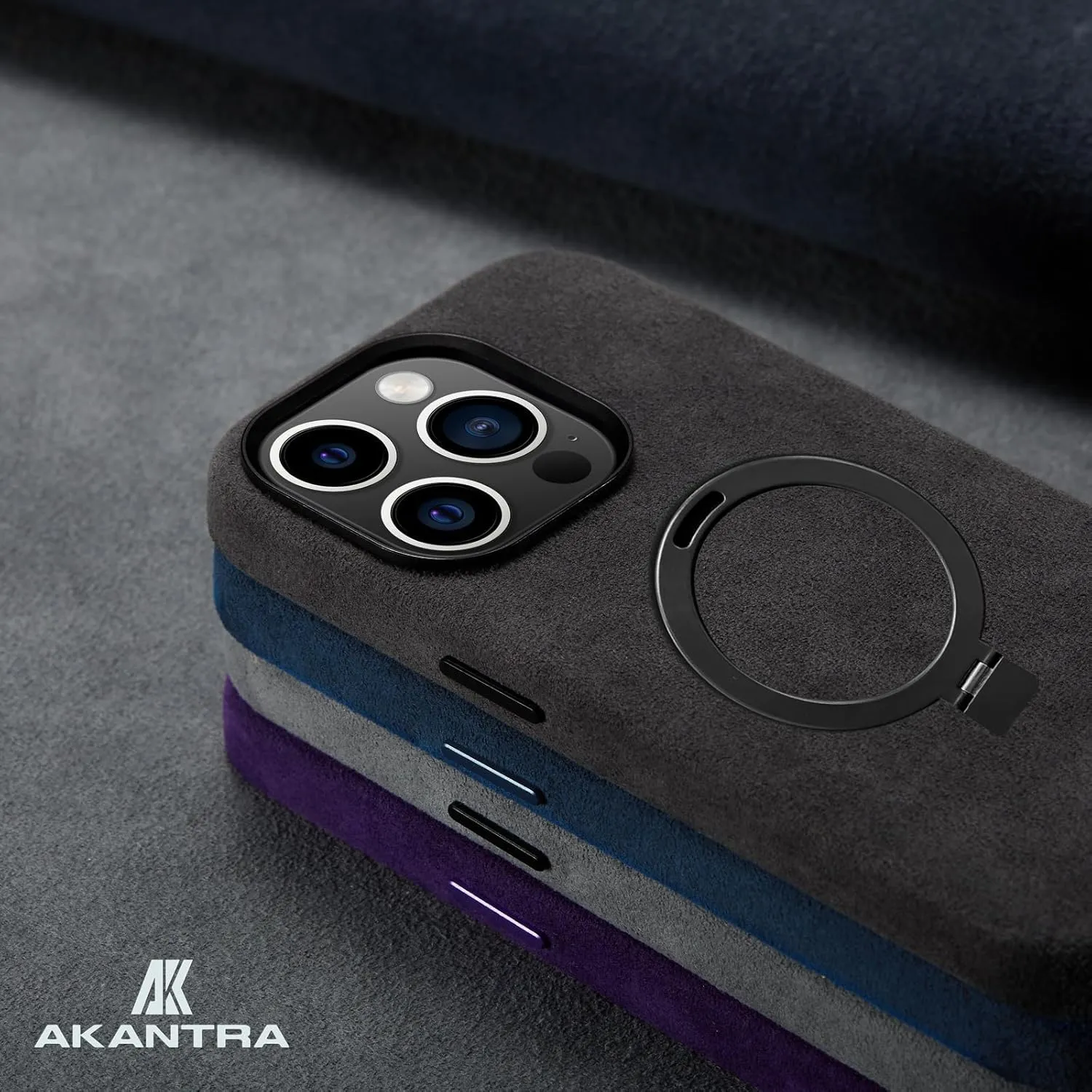 Alcantara Case for Apple iPhone 15 Series, Handmade Fully-Wrapped Synthetic Suede Cover, Magnetic Holder Ring Compatible with Magsafe Wireless Charging (Black, iPhone15 Pro Max)
