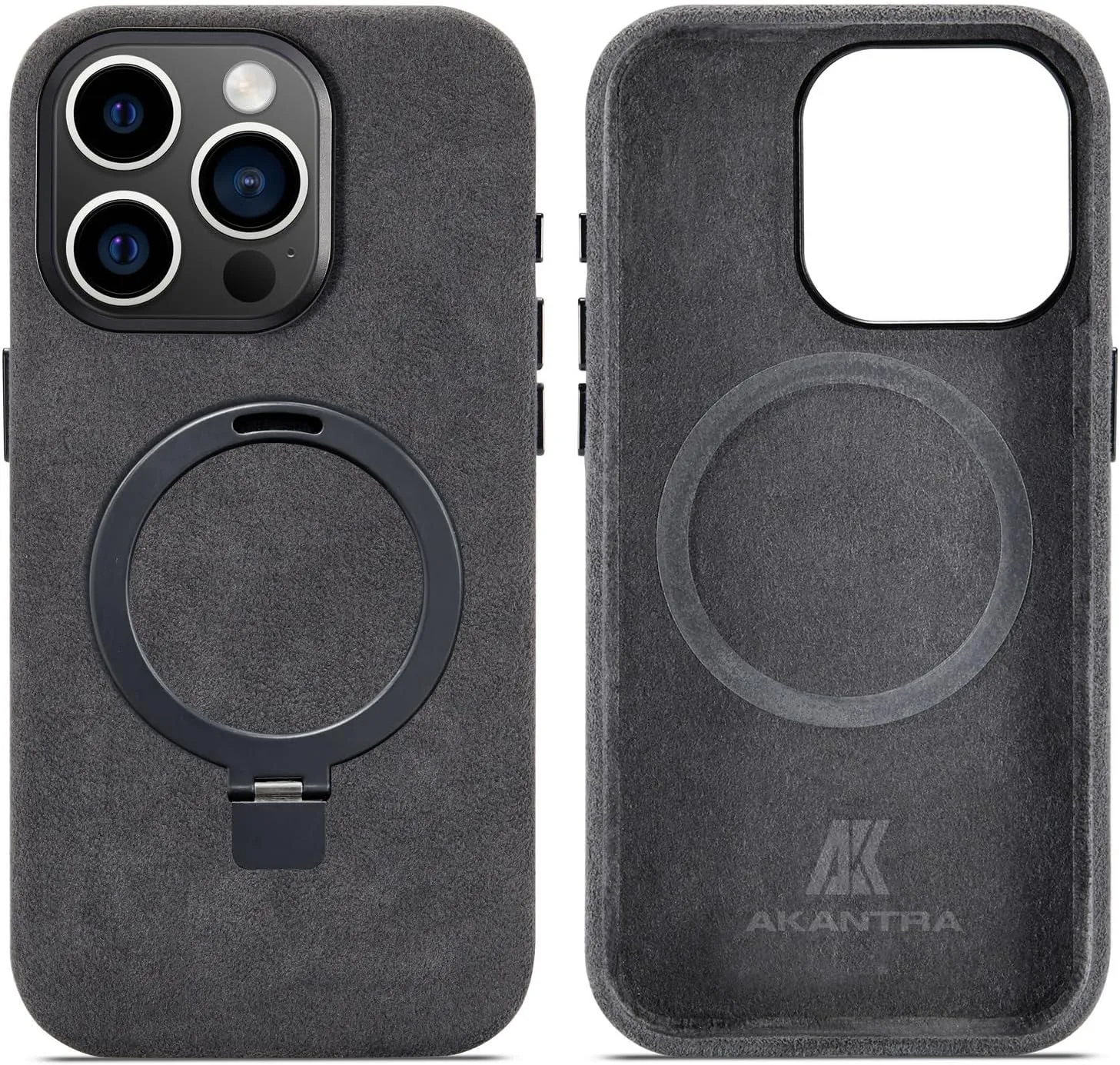 Alcantara Case for Apple iPhone 15 Series, Handmade Fully-Wrapped Synthetic Suede Cover, Magnetic Holder Ring Compatible with Magsafe Wireless Charging (Black, iPhone15 Pro Max)