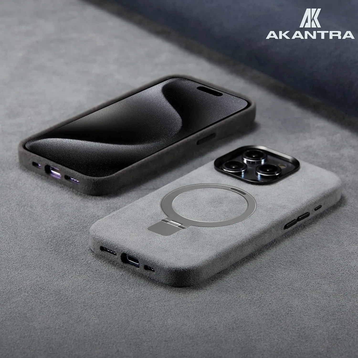 Alcantara Case for Apple iPhone 15 Series, Handmade Fully-Wrapped Synthetic Suede Cover, Magnetic Holder Ring Compatible with Magsafe Wireless Charging (Black, iPhone15 Pro Max)