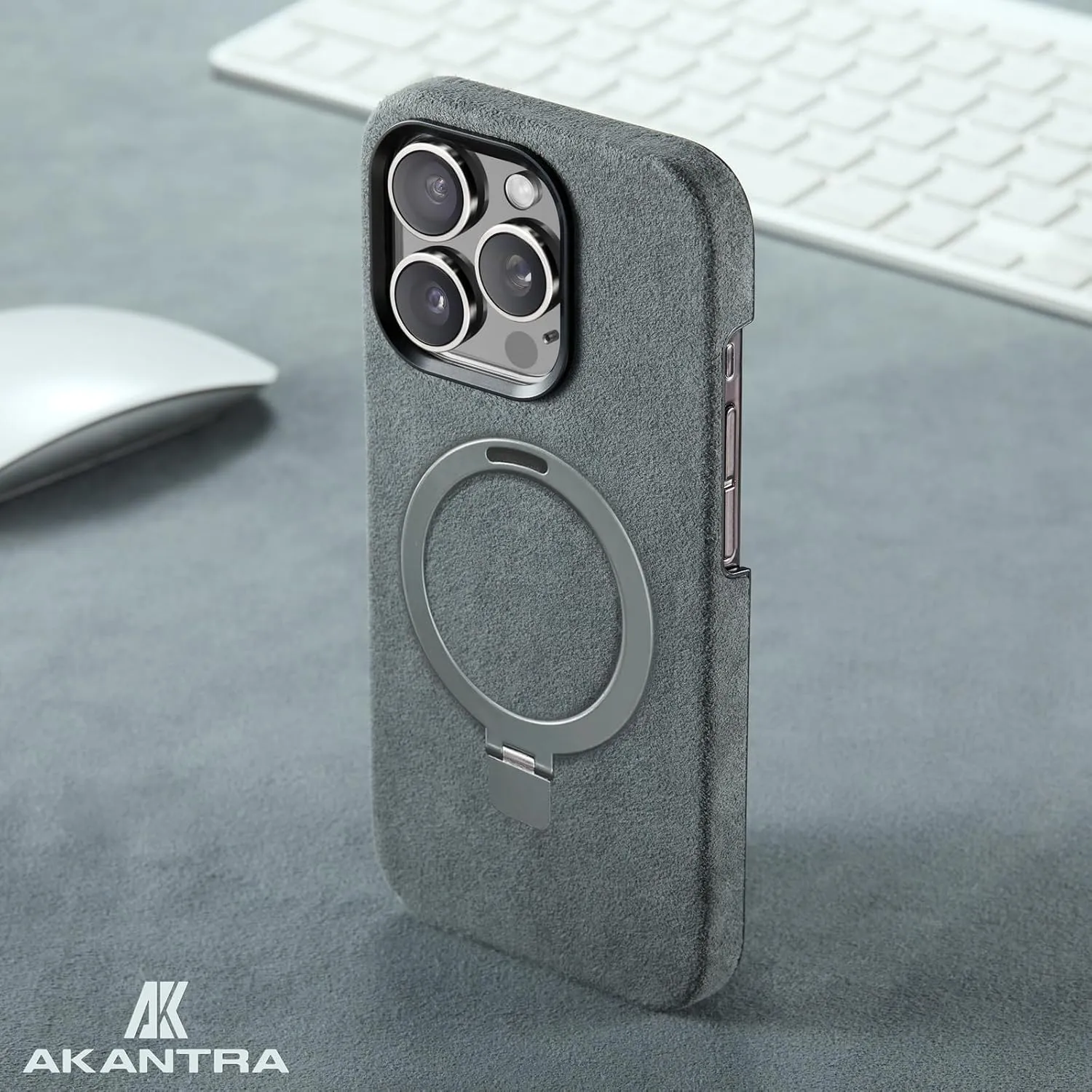 Alcantara Case for Apple iPhone 15 Series, Handmade Half-Wrapped Synthetic Suede Cover, Magnetic Holder Ring Compatible with Magsafe Wireless Charging (iPhone15 Pro, Black)