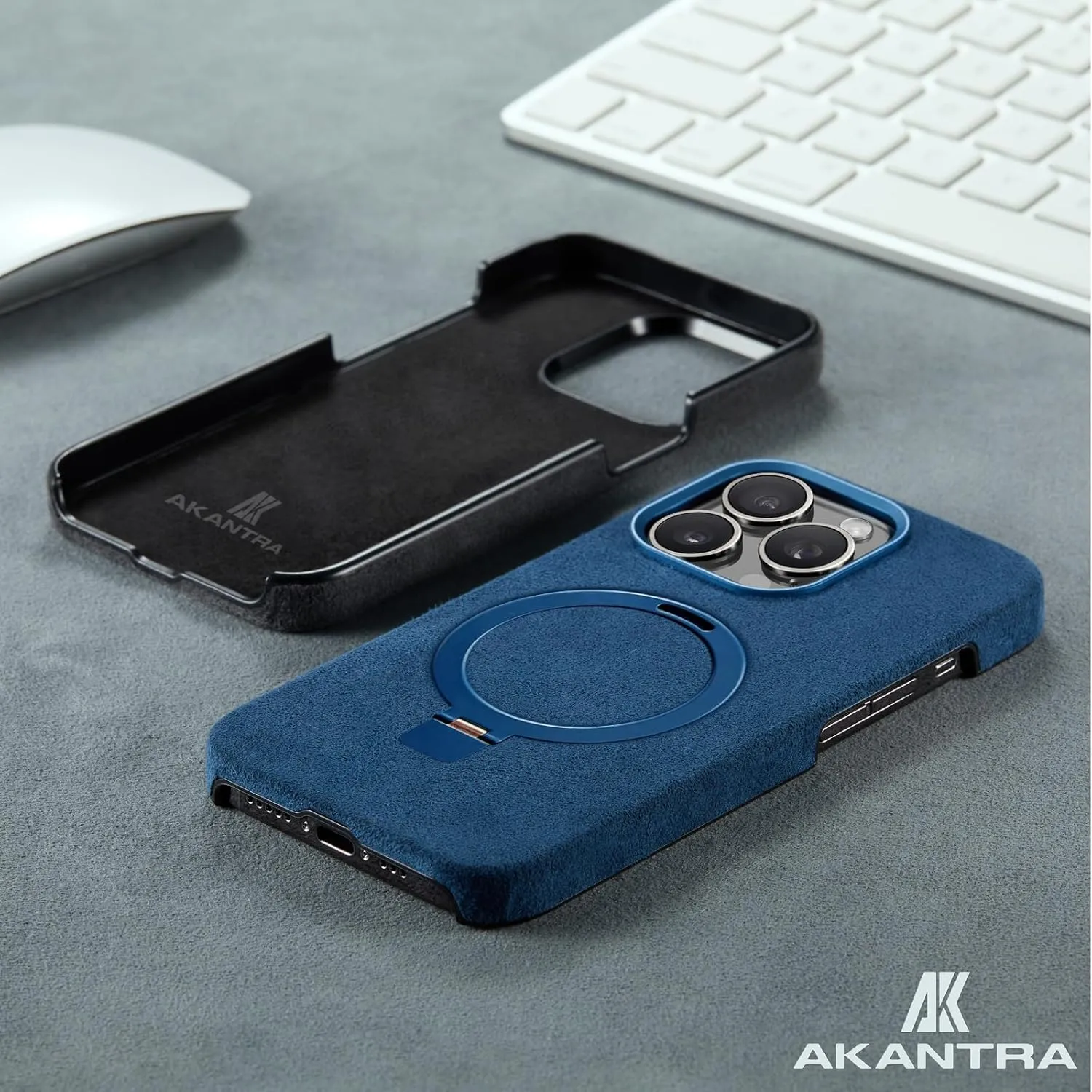 Alcantara Case for Apple iPhone 15 Series, Handmade Half-Wrapped Synthetic Suede Cover, Magnetic Holder Ring Compatible with Magsafe Wireless Charging (iPhone15 Pro, Black)