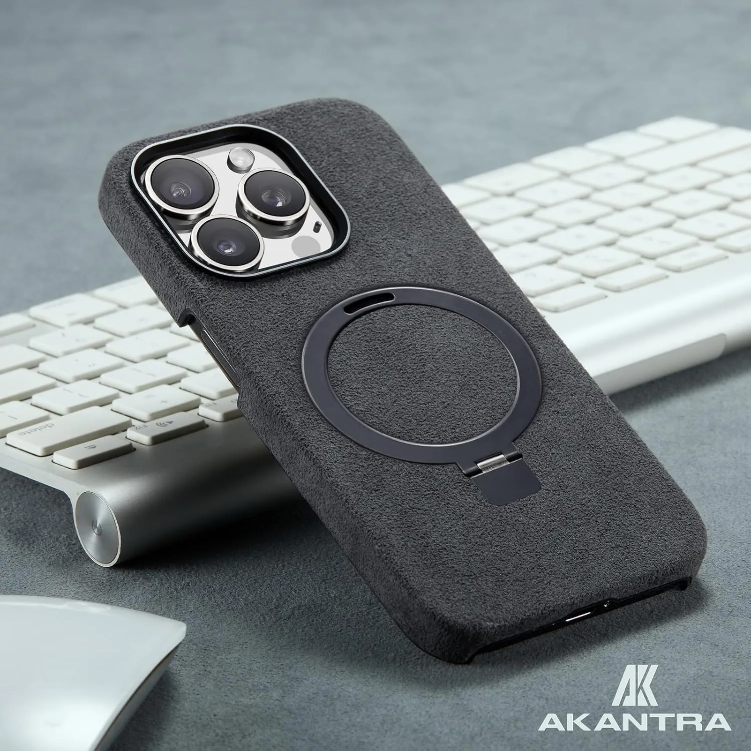 Alcantara Case for Apple iPhone 15 Series, Handmade Half-Wrapped Synthetic Suede Cover, Magnetic Holder Ring Compatible with Magsafe Wireless Charging (iPhone15 Pro, Black)