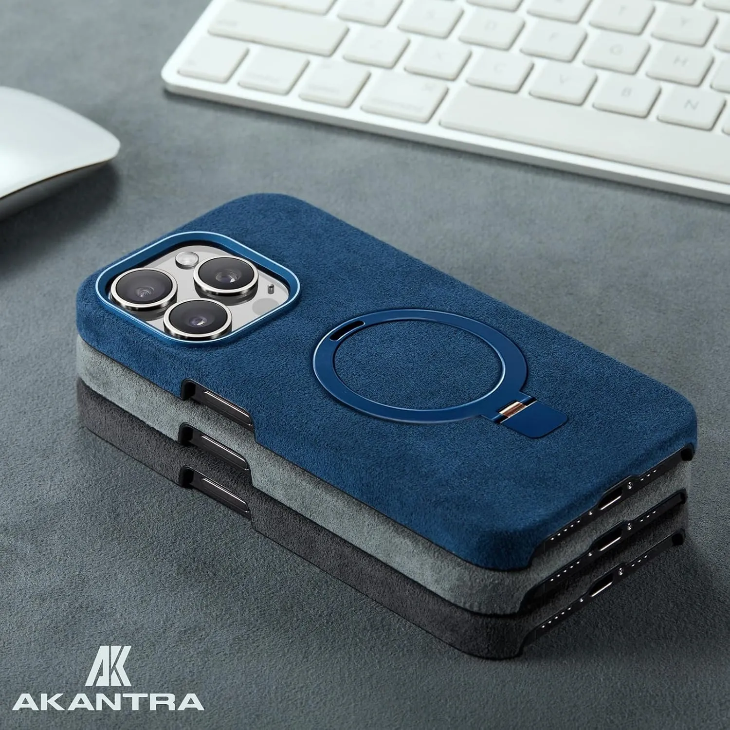 Alcantara Case for Apple iPhone 15 Series, Handmade Half-Wrapped Synthetic Suede Cover, Magnetic Holder Ring Compatible with Magsafe Wireless Charging (iPhone15 Pro, Black)