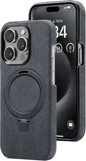 Alcantara Case for Apple iPhone 15 Series, Handmade Half-Wrapped Synthetic Suede Cover, Magnetic Holder Ring Compatible with Magsafe Wireless Charging (iPhone15 Pro, Black)
