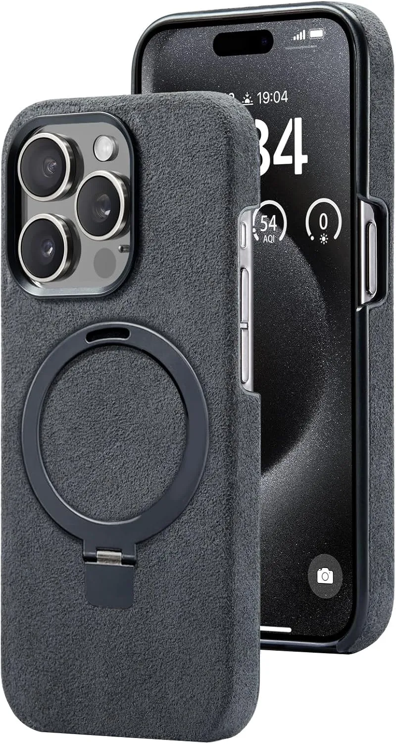 Alcantara Case for Apple iPhone 15 Series, Handmade Half-Wrapped Synthetic Suede Cover, Magnetic Holder Ring Compatible with Magsafe Wireless Charging (iPhone15 Pro, Black)
