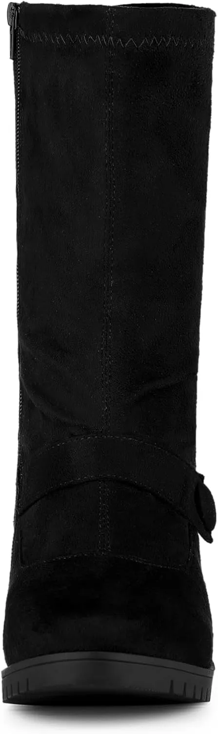 Allegra K Women's Mid Calf Boots Chunky Heels Patent Leather GO GO Boots