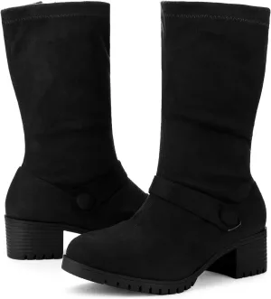 Allegra K Women's Mid Calf Boots Chunky Heels Patent Leather GO GO Boots