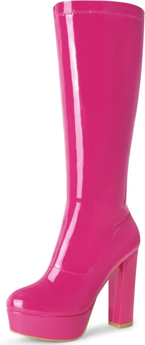 Allegra K Women's Patent Leather Platform Gogo Boots Chunky Heel Knee High Boots