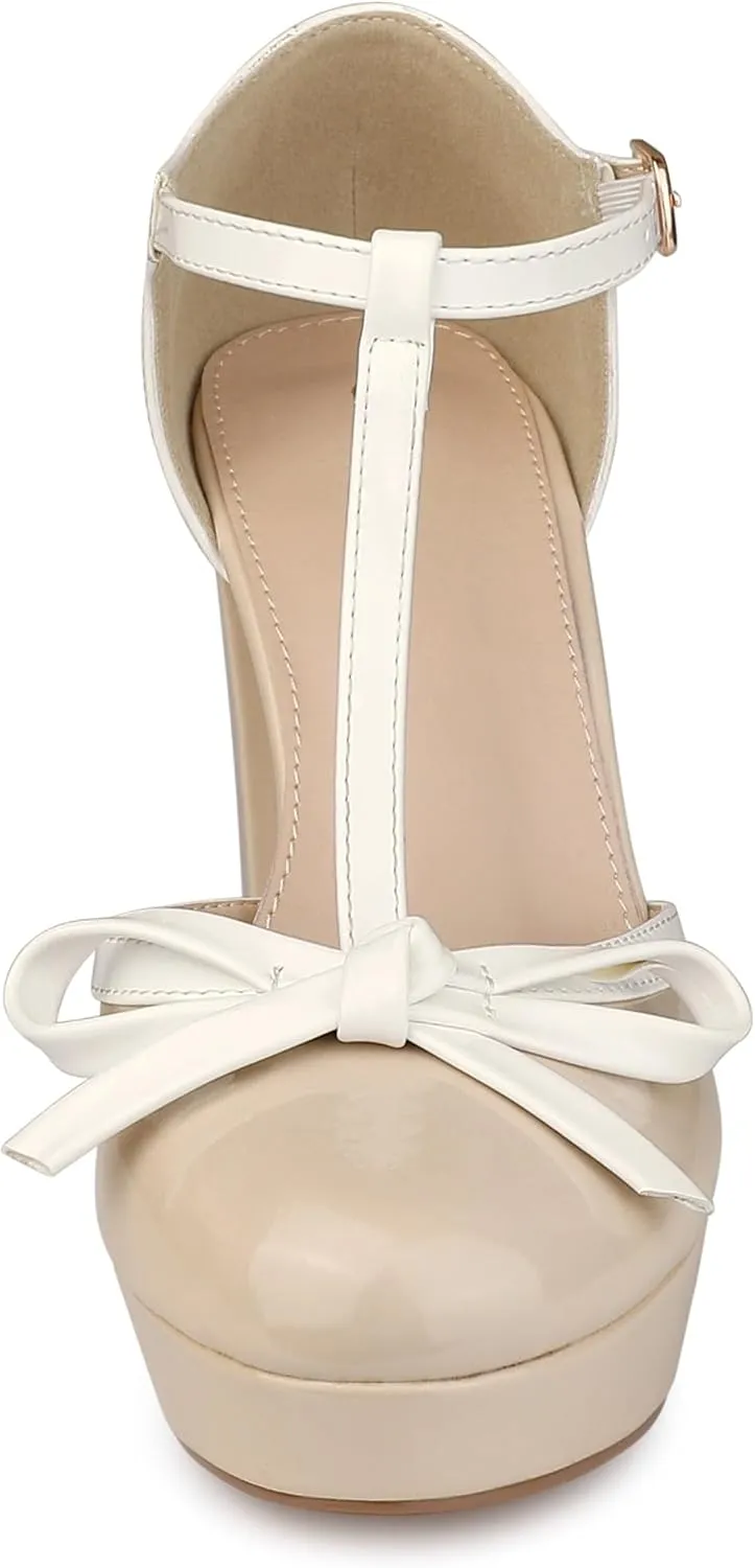 Allegra K Women's Platform Bow t Strap Chunky Heels Pumps