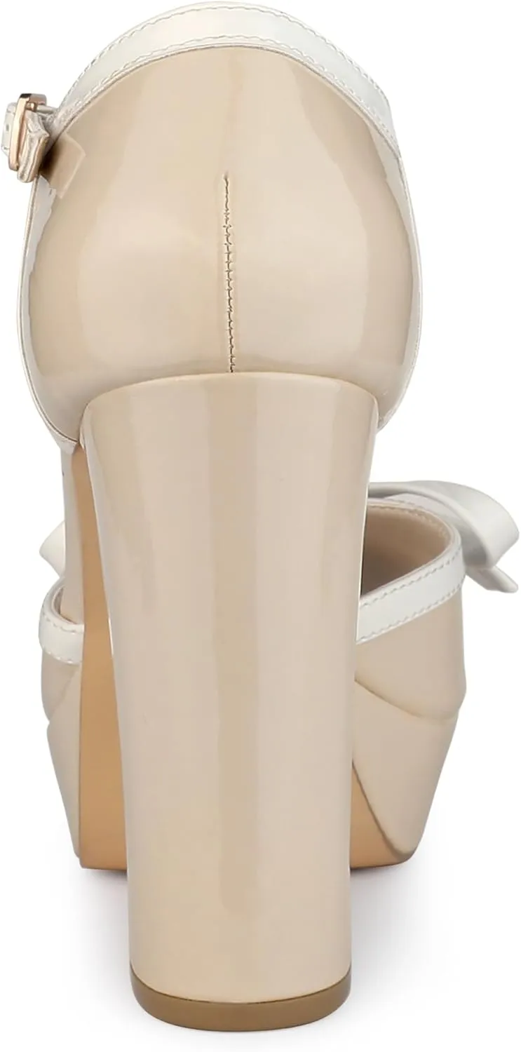 Allegra K Women's Platform Bow t Strap Chunky Heels Pumps