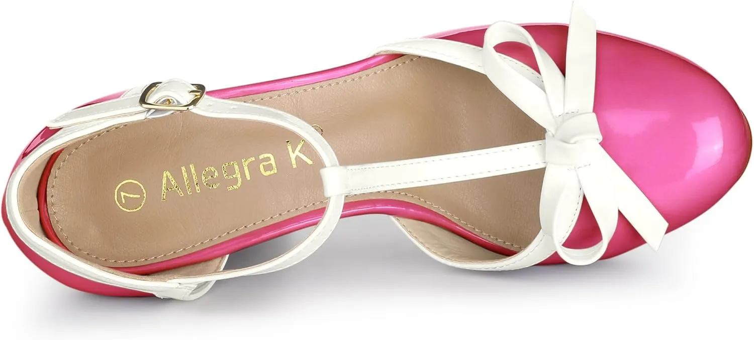 Allegra K Women's Platform Bow t Strap Chunky Heels Pumps