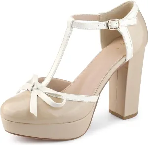 Allegra K Women's Platform Bow t Strap Chunky Heels Pumps