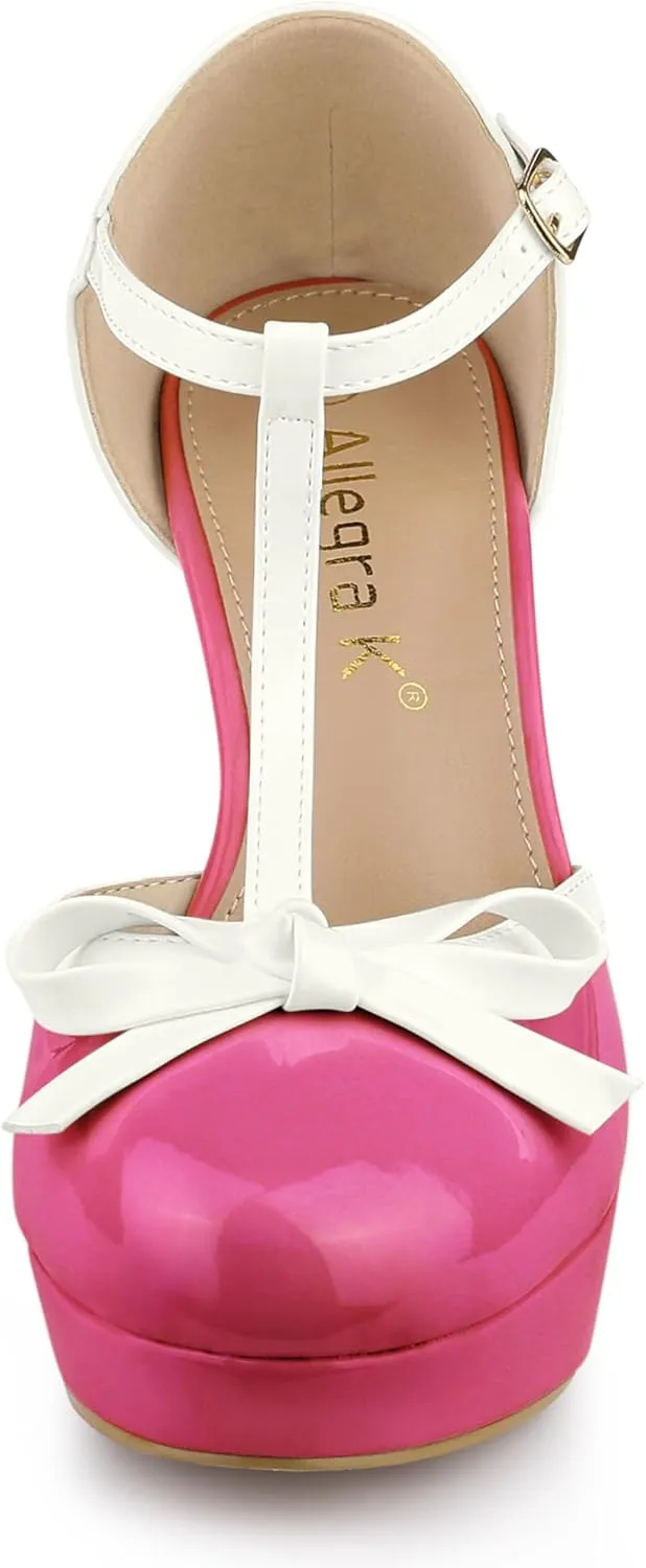 Allegra K Women's Platform Bow t Strap Chunky Heels Pumps