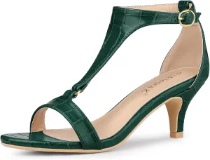 Allegra K Women's t Strap Embossed Kitten Heel Sandals