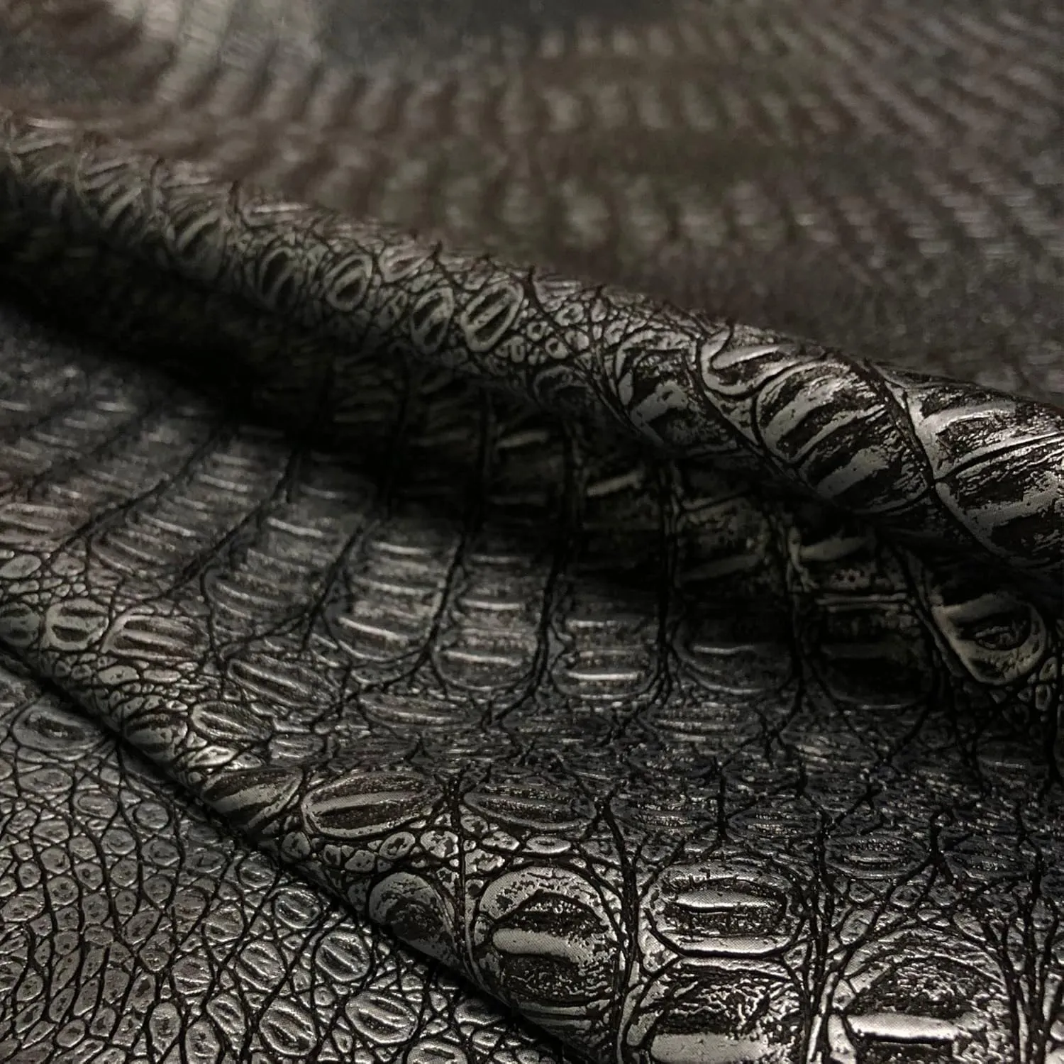 Alligator Fabric, Soft Textured Crocodile Vinyl Faux Leather, Gator Skin Embossed Upholstery DIY Craft and Clips Pleather Sheets – One Foot Cut 12”x54” (Pewter Metallic)