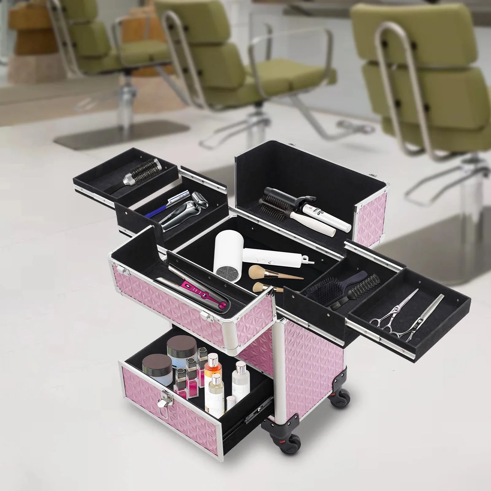 Aluminum Rolling Makeup Train Case, Portable Makeup Organizer Suitcase, Cosmetic Storage Box, Travel Beauty Luggage Trolley Lock