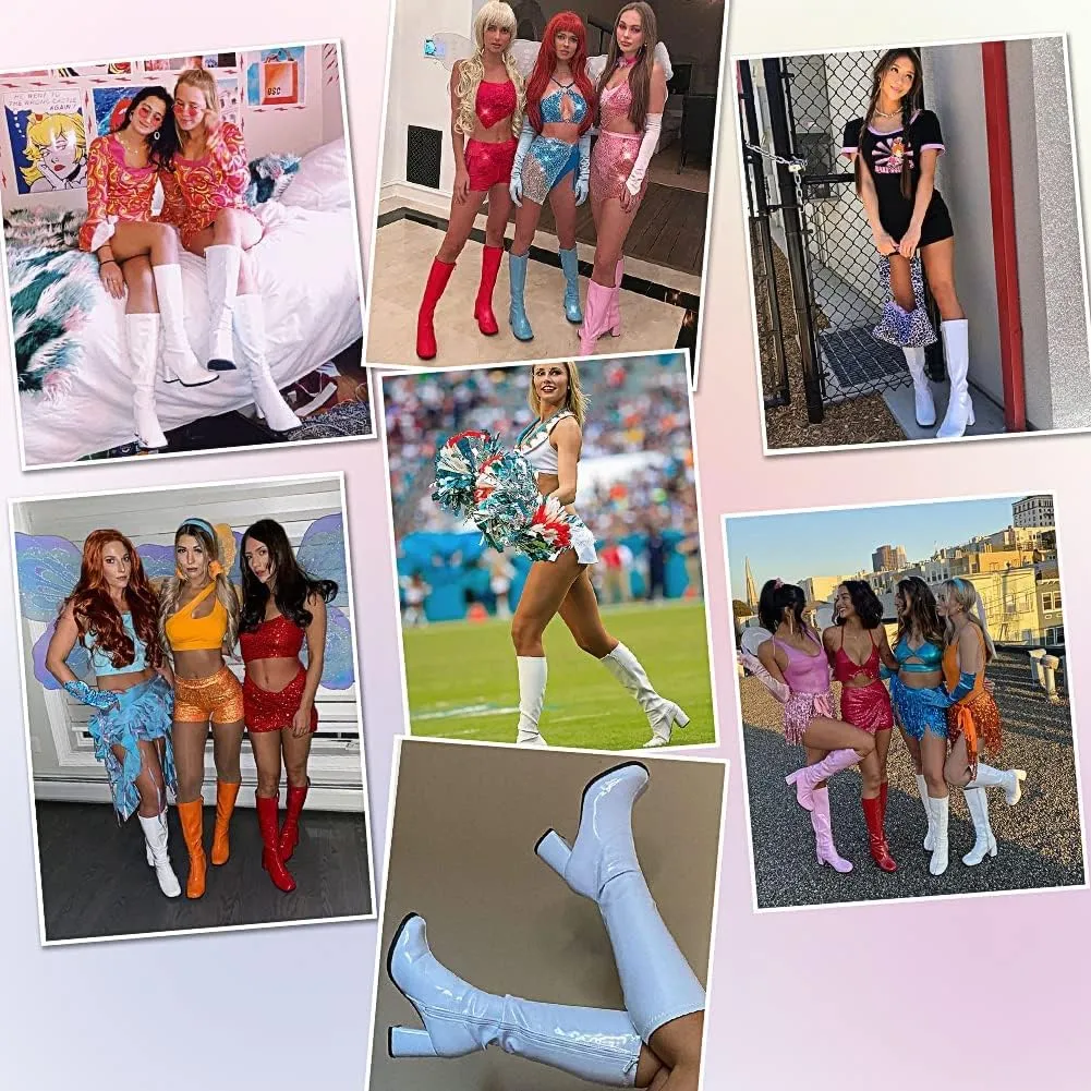 AMINUGAL Womens Go Go Boots Block Heel Round Toe Side zipper Dress Halloween Costume Knee High Boots Disco Party Boots For Women