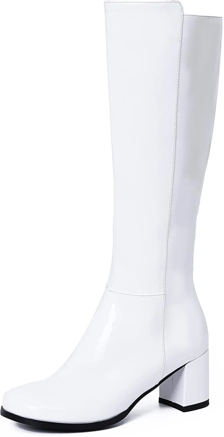AMINUGAL Womens Go Go Boots Block Heel Round Toe Side zipper Dress Halloween Costume Knee High Boots Disco Party Boots For Women