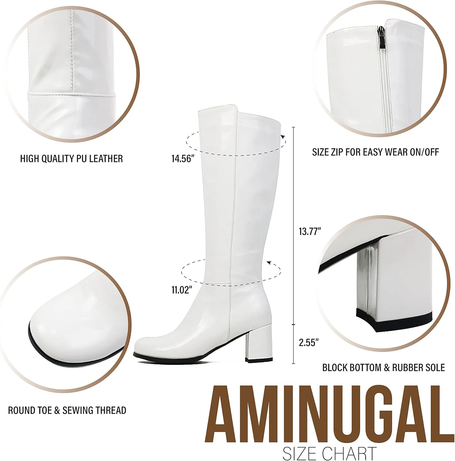 AMINUGAL Womens Go Go Boots Block Heel Round Toe Side zipper Dress Halloween Costume Knee High Boots Disco Party Boots For Women
