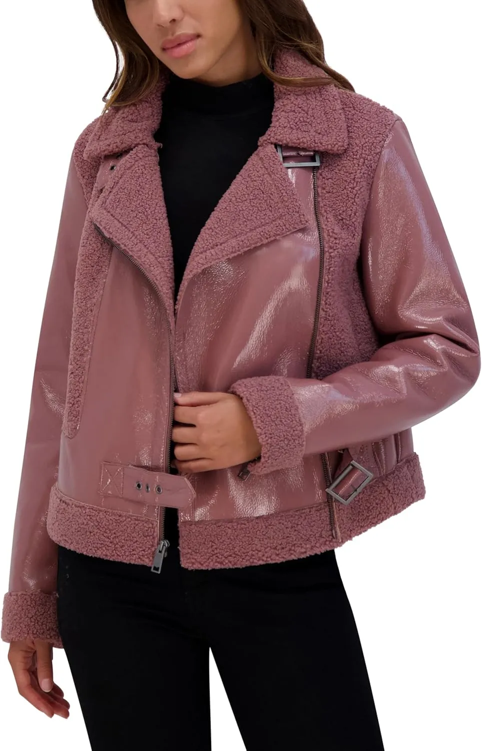 Andrew Marc Women's Moto Faux Patent Leather Jacket
