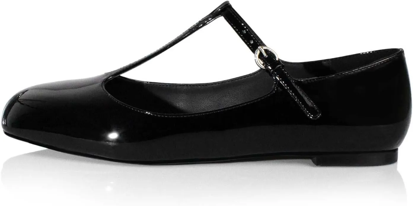 anteikira Women's Classy Round Toe Ballet Flats T-Strap Flats Patent Leather Comfortable Mary Jane Flats Shoes for Women Size 5.5-12US